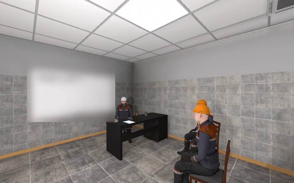 Simulator frame: the foreman issues the task in the briefing room